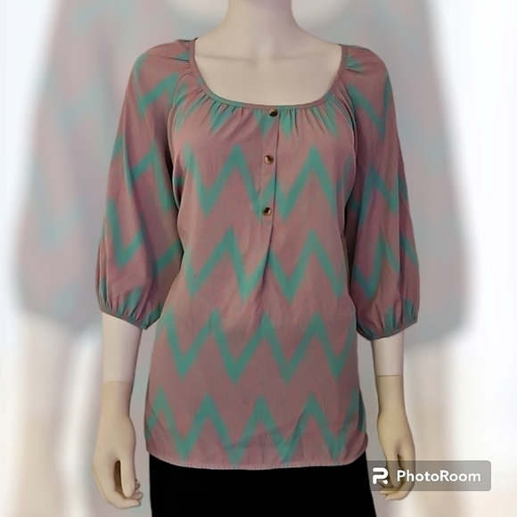 GIBSON LATIMER Zigzag Chevron Poet Style Balloon Sleeve Peasant Blouse - Picture 1 of 7